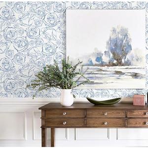 Safiyya 118'' × 17.3'' Peel and Stick Wallpaper Blue and White Contact Paper Floral Rose Wallpaper Boho Removable Wall Paper for Bedroom Vinyl Rolls, 2 Pcs