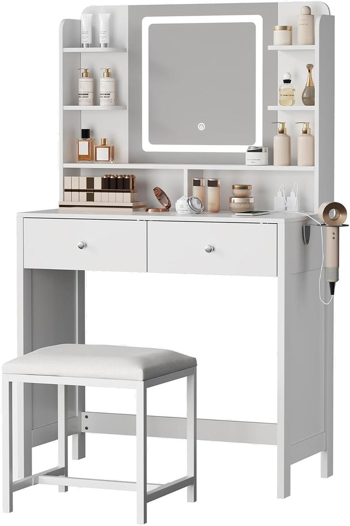 White Vanity with Lighted Mirror, 8 Shelves, 2 Drawers, Charging Station, Hair Dryer Holder & Stool, LED Mirror with 3 Light Modes, 1 Count