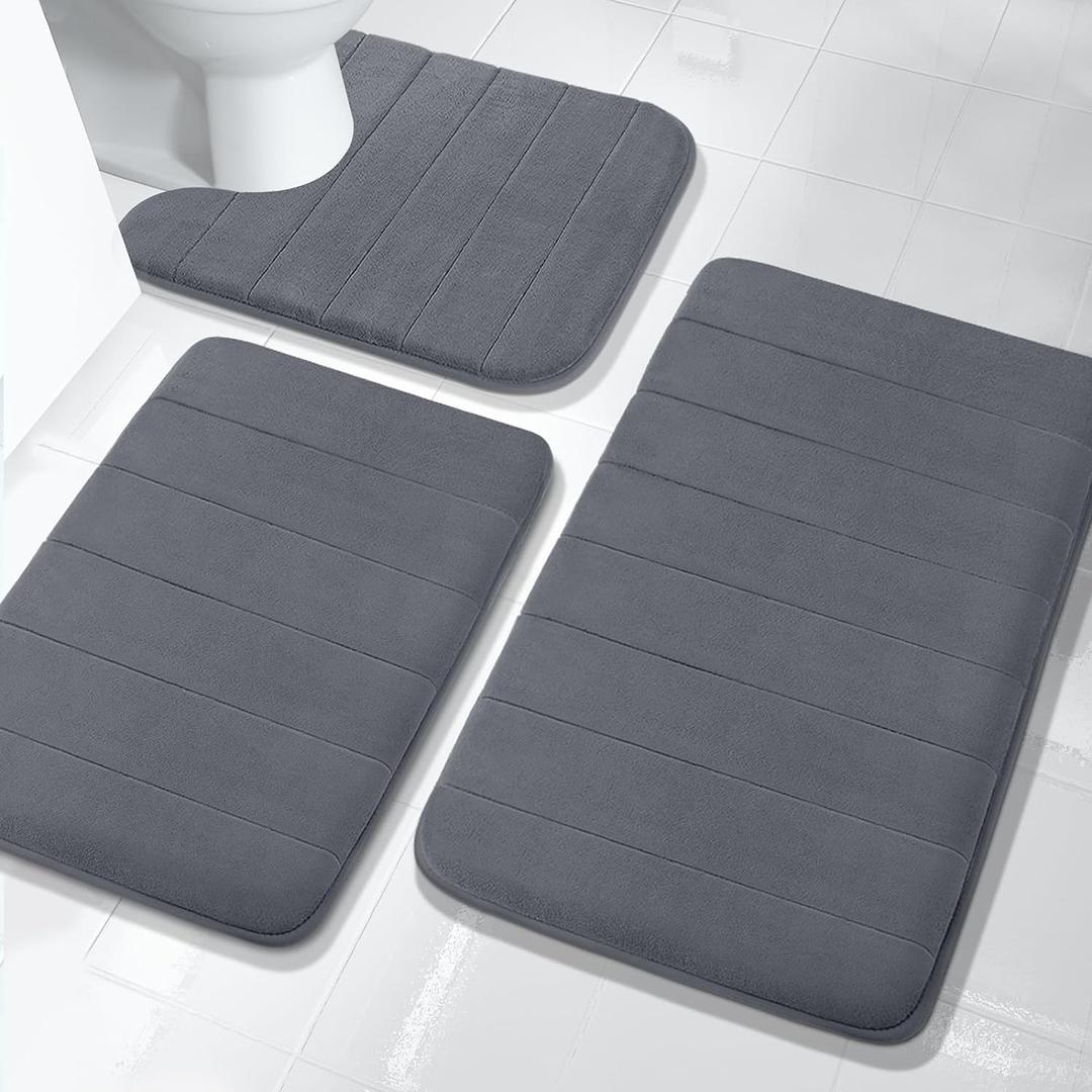 Yimobra Memory Foam Bath Mat Set 3 Pieces- Super Soft Absorbent Quick Dry Bathroom Rug Sets, Machine Washable Non Slip Floor Carpet for Tub Shower, Vanity & Toilet Base, Dark Gray (31.5''x20'' +17''x24'' + 24''x20'')