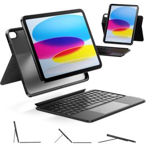 HOU iPad A16 11th/10th Generation Case with Keyboard, Rotatable & Detachable Keyboard Case for iPad 11/10, Elastic Pen Holder, Full Protection Cover, 7-Colors Backlight, Multi-Touch Trackpad (Black)