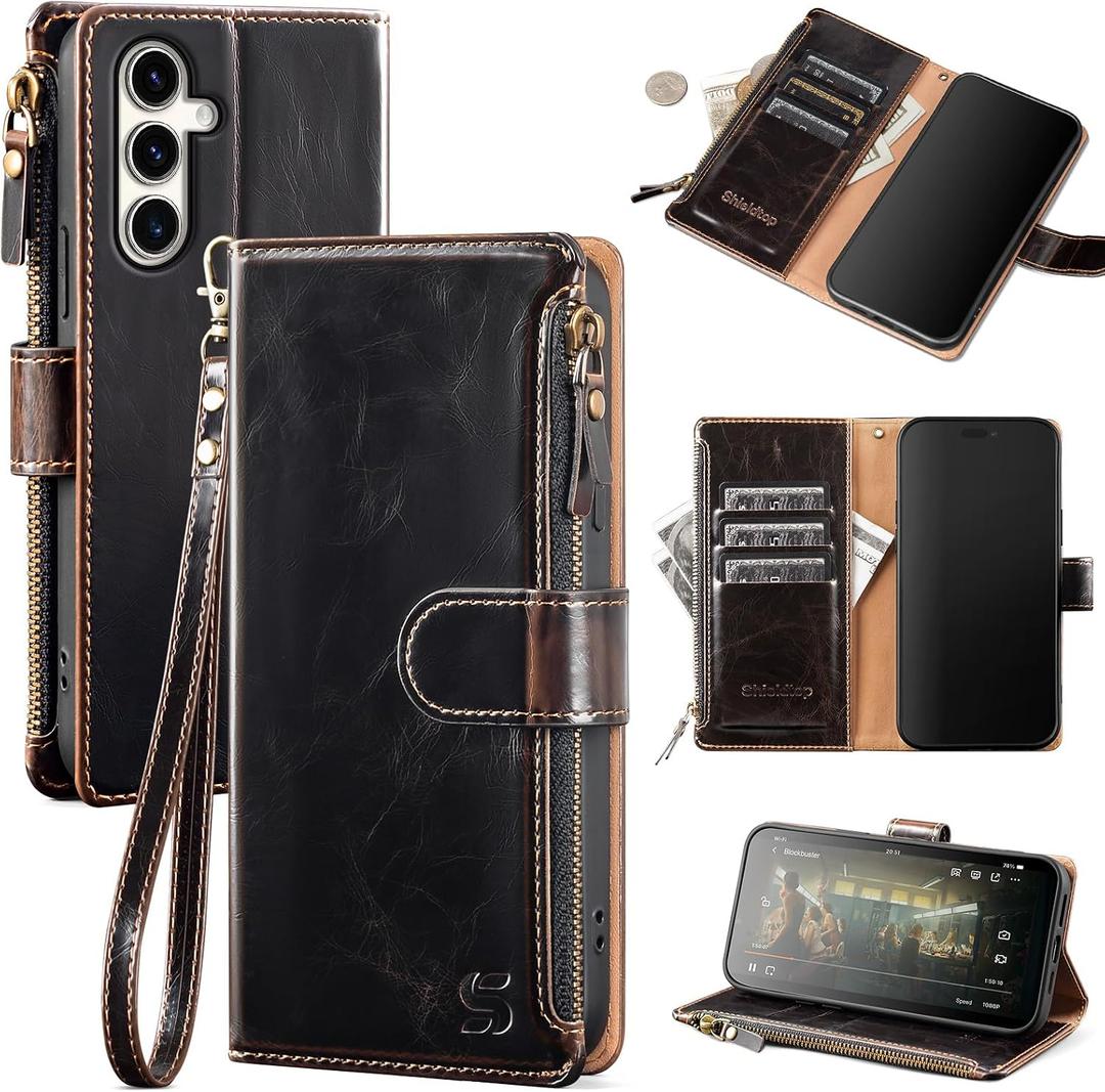 Shieldtop Compatible with Samsung Galaxy S25 Wallet Case with Card Holder,Women Men RFID Blocking PU Leather Flip Cover Wrist Strap Zipper Credit Card Slots,Phone Case for Galaxy S25 6.2",Coffee