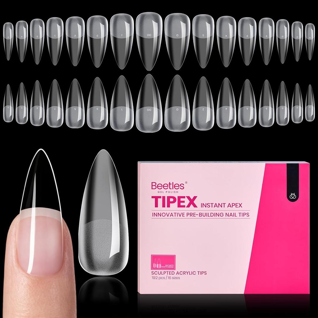 Beetles Tipex Instant Apex Nail Tips, Stiletto Medium, 16 Sizes (0014), 192pcs, Built-In Apex, No Builder Gel Required, Thicker Strong Acrylic Tips for DIY Nail Extensions