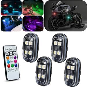 Upgraded 4PCS Wireless LED Strobe Lights for Car, 8 Colors Interior Car Lights with Remote Control, USB-C charging Warning Light for Car Motorcycle Drone Bike Decor