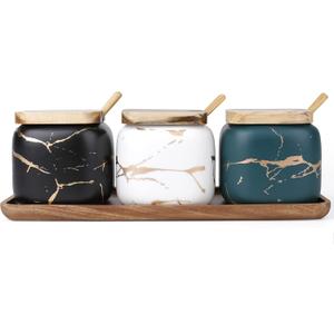 Dicunoy 3 Pack Ceramic Salt and Sugar Container, Condiment Jars with Lids and Spoons, Marble Seasoning Spice Pots Bowl, Pepper Sellar with Wooden Tray for Serving, Counter, Home, Kitchen