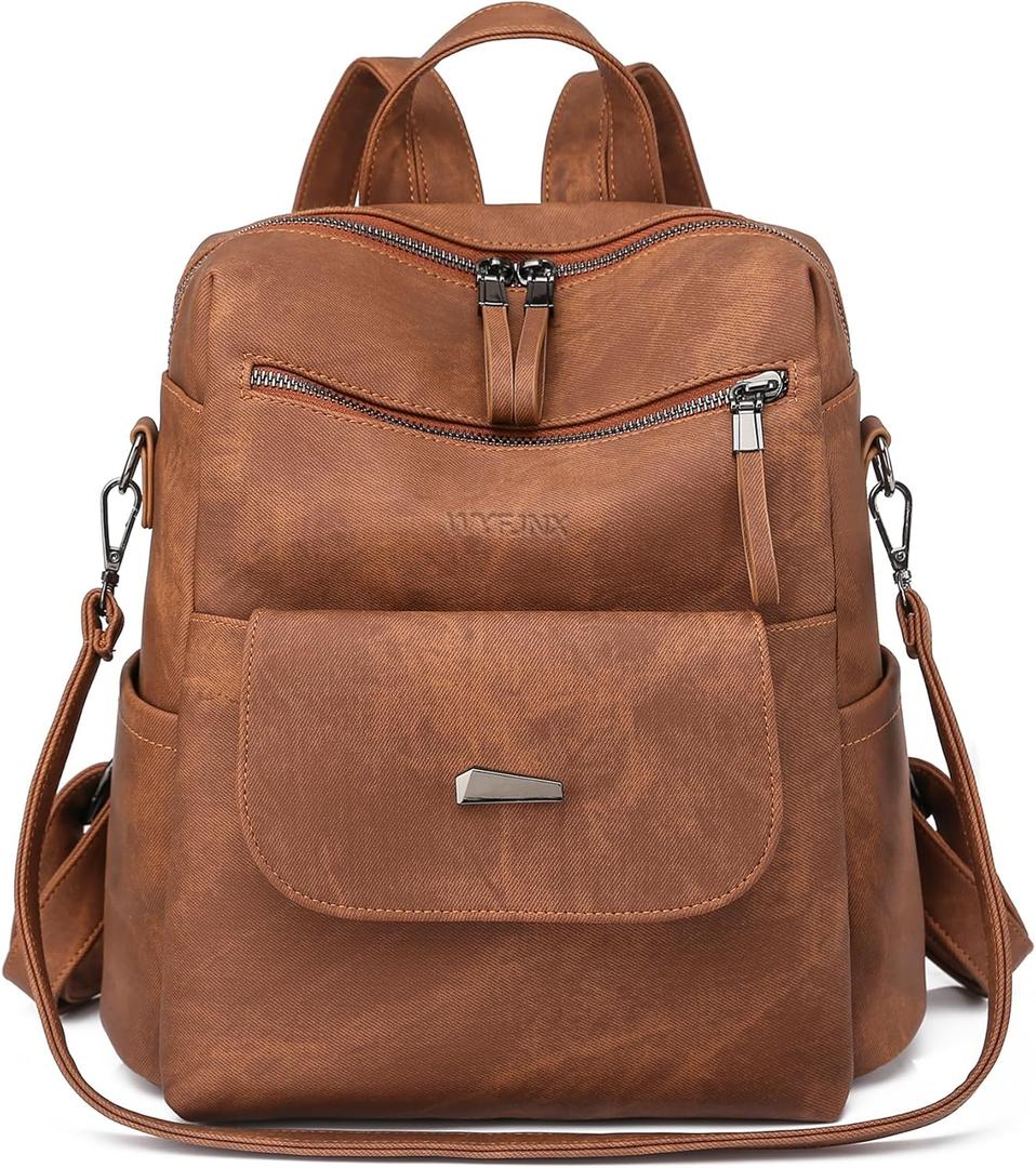 WYFJNX PU Leather Backpack Purse for Women Fashion Multipurpose Design Handbag Ladies Shoulder Bags Travel Backpack Brown, 11''