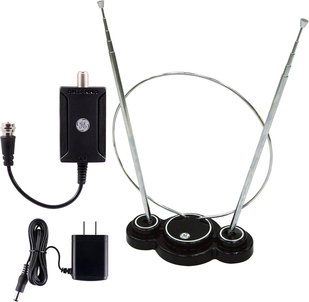 GE Traditional Rabbit Ears Indoor TV Antenna + Indoor Antenna Amplifier, Extendable Dipoles and Circular Loop, Digital HDTV VHF UHF, Low Noise Signal Booster, AC Power Adapter Included