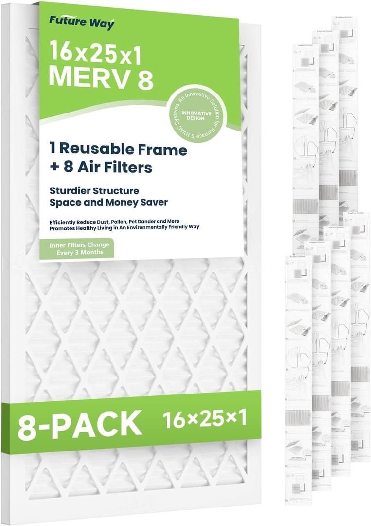Future Way 16x25x1 Air Filters, 8-Pack with Reusable Frame, MERV 8, MPR 700 AC Furnace Filters, Space Saving & Cost-effective