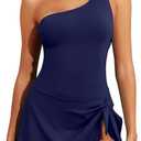 Tempt Me Women One Piece Swim Dress One Shoulder Swimsuit with Skirt Tummy Control Swimdress Bathing Suit (Large, Navy Blue)