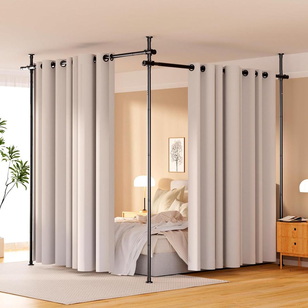 Room Divider, Height and Width Adjustable No Drilling Curtain Rod, Heavy Duty Metal Tension Wall Divider for Room Separation, Portable Wall Partition Separators Not Included Curtains (B-Black 3PCS Support Rod and 2PCS Cross rod)