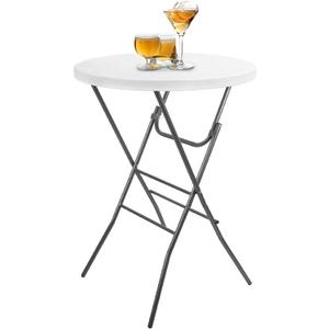 Cocktail Table 28in Portable Folding Bar Height Table, Compact Round High Top Plastic & Steel Bistro with Removable Legs, for Indoor Outdoor RV Patio Catering Parties Commercial Events (White)