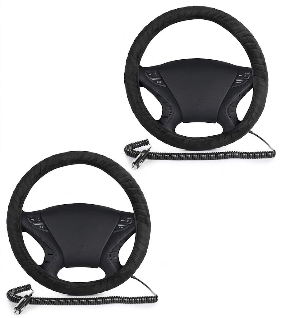 VaygWay Car Heated Steering Wheel Cover - 12v Black Soft Plush Warmer Car Steering Wheel Heater - Premium Quality 15" Auto Comfortable Steering Wheel Cover Protector Warmer for Vehicle- 2 Pack