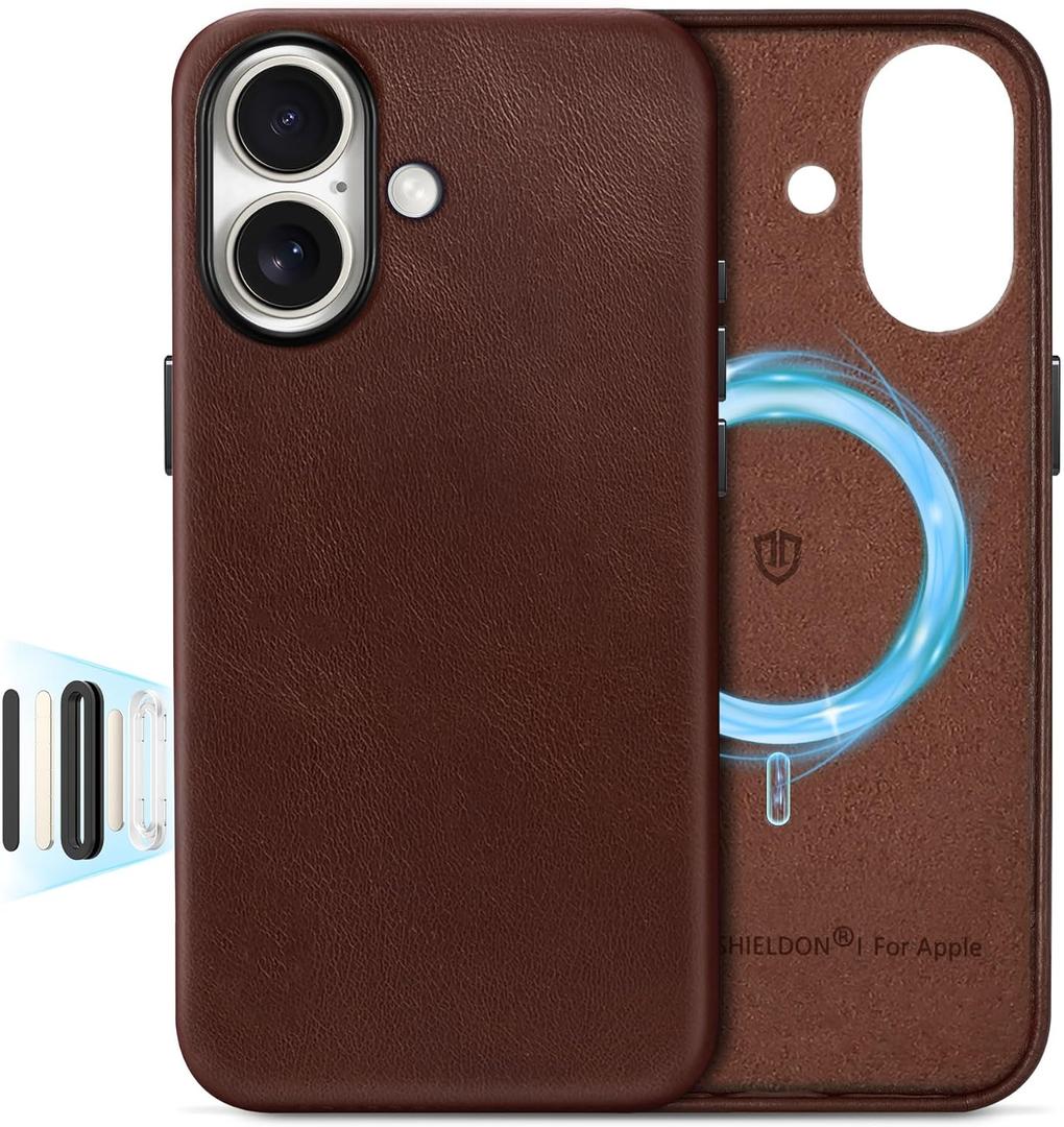 SHIELDON Genuine Leather Case for iPhone 17 6.3" 2025 | Compatible with Magsafe | Updated Camera Button | Magnetic Wireless Charging | Slim Fit | Non-Slip | Shockproof | Camera Bezel - Retro Coffee