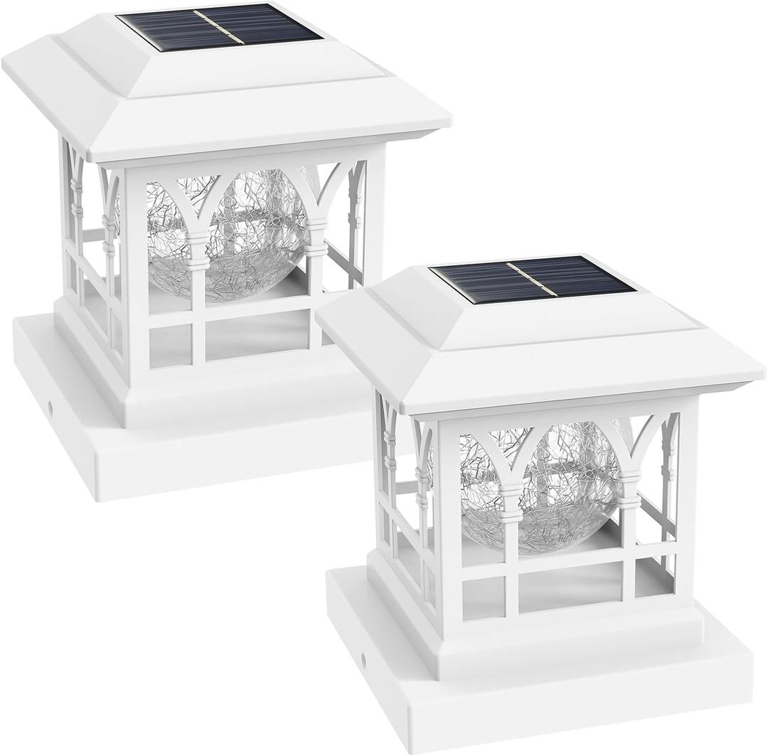 Fence Post Solar Lights, Crackle Glass Solar Post Cap Lights, 20 Lumens, Warm White & RGB Automatic Cycling 2 Modes for 3.6x3.6 4x4 4.5x4.5 5x5 Vinyl Wooden Posts Decoration, White (2 Pack)