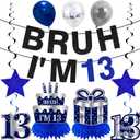 11Pcs 13th Birthday Decorations for Boys Men, Blue Sliver Happy 13th Birthday Banner, Bruh I'm 13 Balloons Centerpieces Swirls Party Supplies, Thirteen Bday Banner Ceiling Table Topper Sign