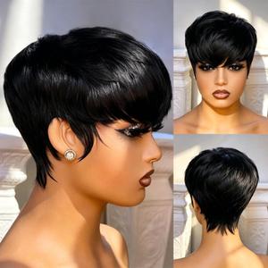 YJOQOKOA Short Pixie Cut Wigs for Black Women Human Hair Glueless Wig Short Layered Brazilian Virgin Human Hair Wigs For Women Natural Black Pixie Haircut Full Machine Made Wig