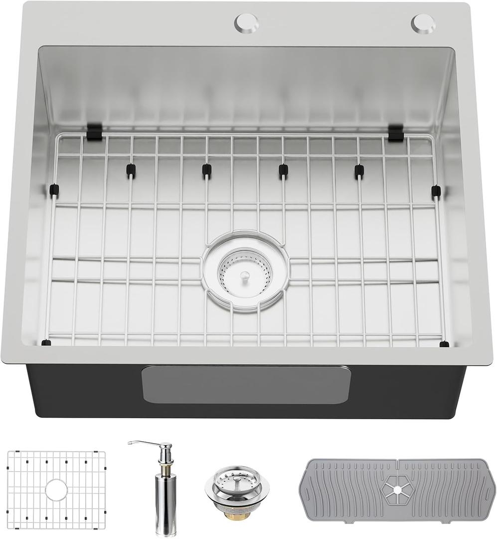 Stainless Steel Drop In Kitchen And Bar Sink - 25x22 Inch Single Bowl Topmount Bar Sink Come With SS Grid,Silicon Mat,Drain Strainer Set