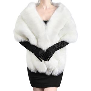 Zhanmai Winter Faux Fur Long Shawl Cloak Stretchy Satin Glove Opera Bridal Dance Gloves for Women Wedding Dress Party Coat (White)