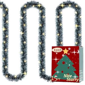 15FT Christmas Garland, Green Snowy Garland, Artificial Christmas Garland for Xmas Tree, Fireplace Mantel, Stairs Railing Outdoor Indoor Decoration