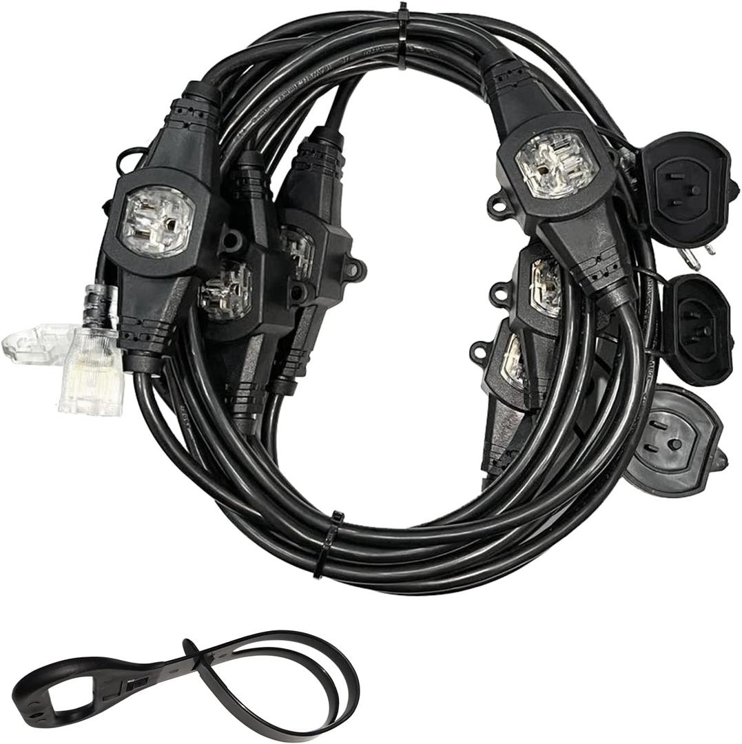 25FT Power Extension Cord - 3 Prong, 16 Gauge SJTW 5-15R Male Plug to Female Connector, 7 Outlet Cable, Multiple Evenly-Spaced Plugs, Suitable for Stage Setting or Outdoor, UL Certified