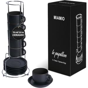 MIAMIO - 2.5 oz Espresso Cup Set with Saucers Coffee Mug Set of 6 - Ceramic Coffee Mug Stackable Espresso Mug with Stand for Coffee Drinks, Latte, Cafe Mocha - Le Papillon Collection (Black)