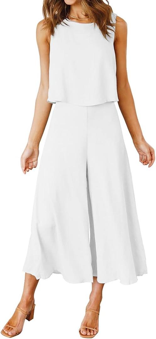 ROYLAMP Women's Summer 2 Piece Outfits Round Neck Crop Basic Top Cropped Wide Leg Pants Set Jumpsuits (X-Large, White)
