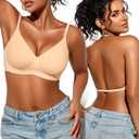 Low Back Bra for Women Wireless, Backless Low Cut V Neck Bralette, Invisible No Show Multiway Convertible Halter Bras (US, Alpha, Small, Regular, Regular, Skin-02)