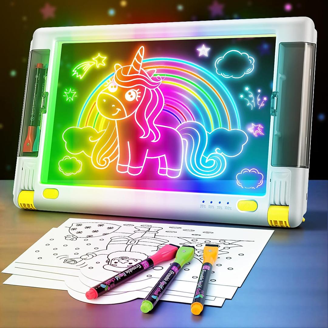 Rechargeable LED Drawing Board, 15 Inch 9-Color Light Modes Neon Art Light Up Writing Tablet Tracing Pad for Kids, Sketching Gift Toy for Teens, 5 Markers, 10 Tracing Sheets (White)