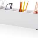 Jetec Wooden Pencil Pen Holder for Desk 6 Compartments Wood Office Desk Organizers for Countertop Adjustable Makeup Brush Organizer Silverware Caddy for Party, Home, Art Supplies(White)