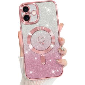 Bonoma Compatible with iPhone 16 Case Support for MagSafe, Plating Heart Glitter Magnetic 2* Screen Protector TPU Camera Protection Back Cover for Girls Women -Pink