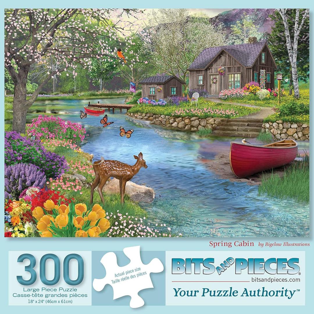 Bits and Pieces 300 Piece Jigsaw Puzzle for Adults Spring Cabin - Forrest River Boat Pier Flower Tree Nature Bloom Jigsaw Puzzle by Artist Bigelow Illustrations, Completed Puzzle Size: 18" x 24"