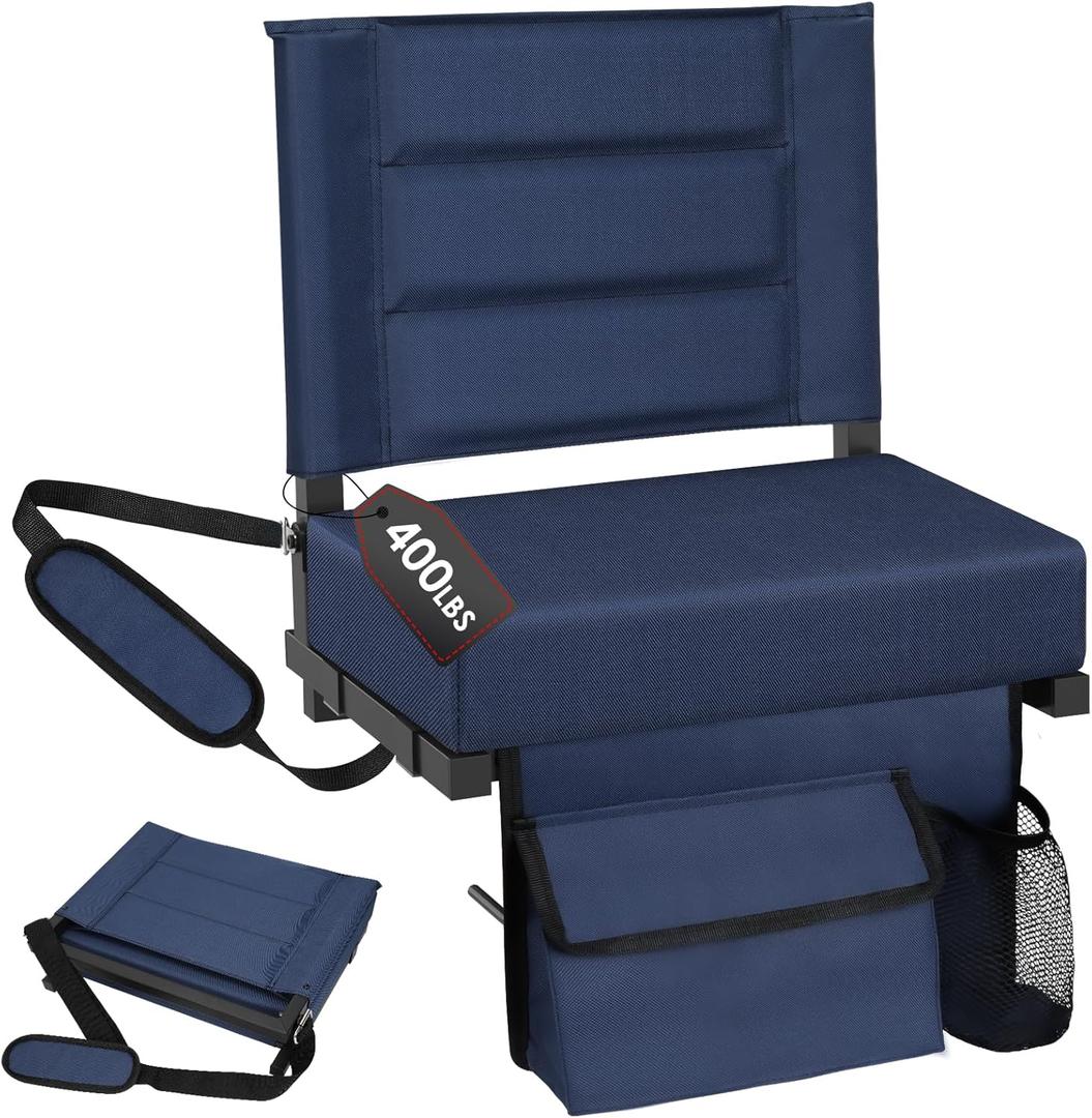 Stadium Seats with Back Support, Portable Bleacher Seat with Extra Thick Cushion, Folding Stadium Chair with Shoulder Strap, Removable Cushion and Storage Pocket for Sports Events