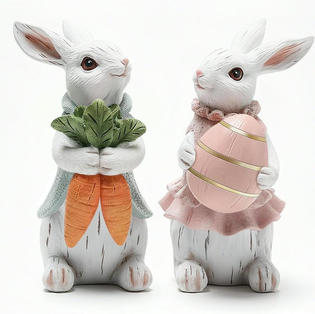 Easter Decorations for Home - 2pcs Resin White Easter Bunny - Small Bunny Statues Figurines Decor for Indoor Table Centerpieces Decorations Tiered Tray,Tabletop - Spring Decor Rabbit 4.33 inch Tall