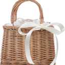 Cabilock Flower Girl Basket - Rattan Wicker Flower Girl Basket, Small Woven Basket with Handle, Picnic Basket, Women Straw Tote with Handle for Weddings, Garden Storage Home Decor (23.50X15.50X13.00CM, White)
