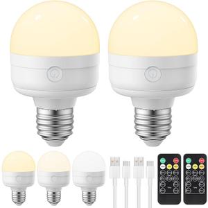 Rechargeable Light Bulb with Remote - E26 2Pack 5W 350LM Dimmable Detachable LED Bulb 3 Color Temperature Options & 3 Timer, 2000mAh Battery Operated Magnetic Bulbs, Bulbs for Non-Hardwired Fixture