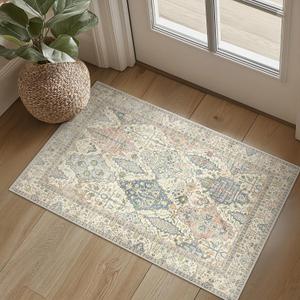 Bavni Area Rug 2X3, Small Aesthetic Entryway Rug, Non Slip Rugs for Front Door, Vintage Indoor Washable Carpet for Kitchen Bathroom, Beige Ivory