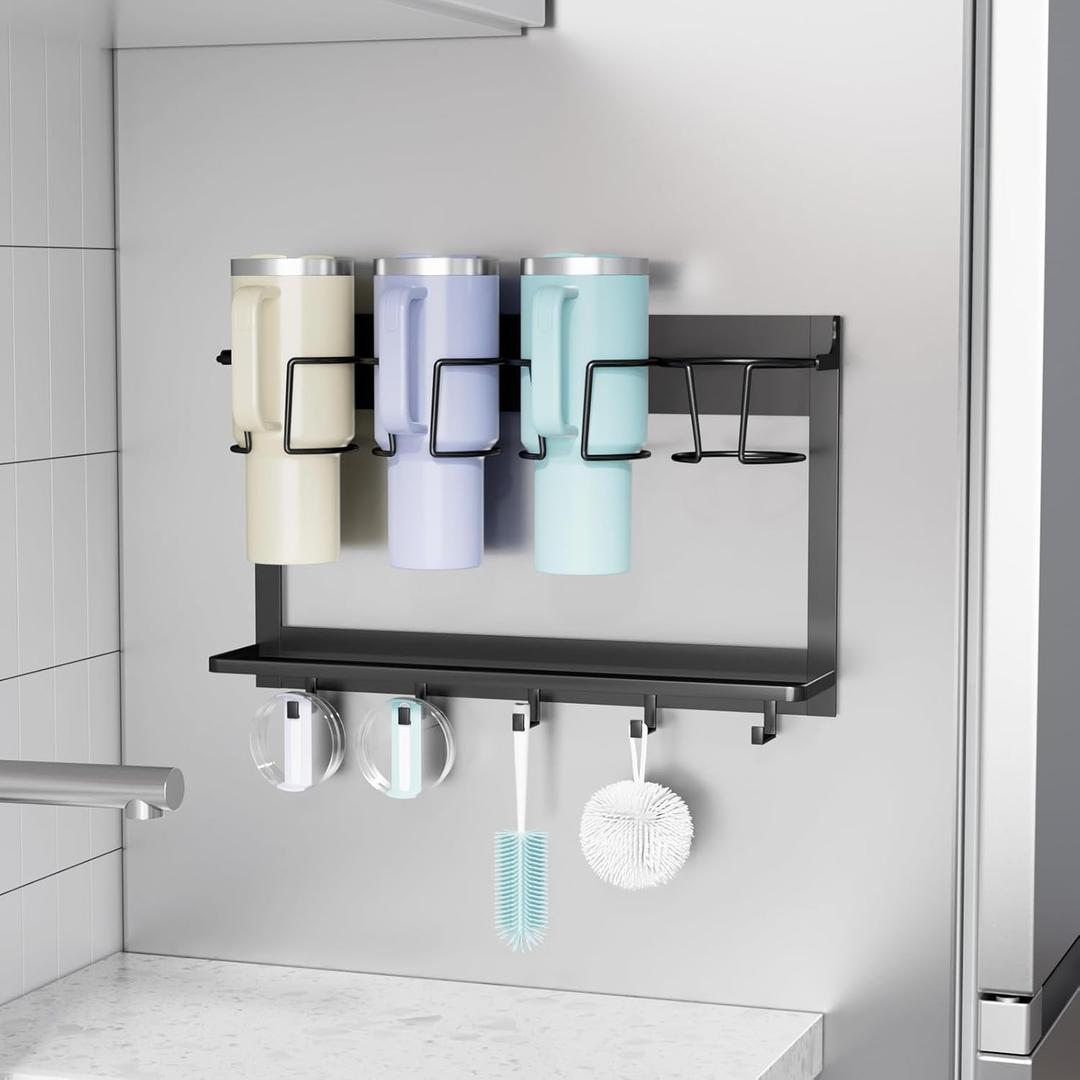 Abiglifty Water Bottle Organizer Holder, Magnetic Stanley Cup Rack with 5 Hooks 30/40 oz,No Drill Strong Magnetic and Wall Mount Tumbler Holder Organizer for Fridge,Black