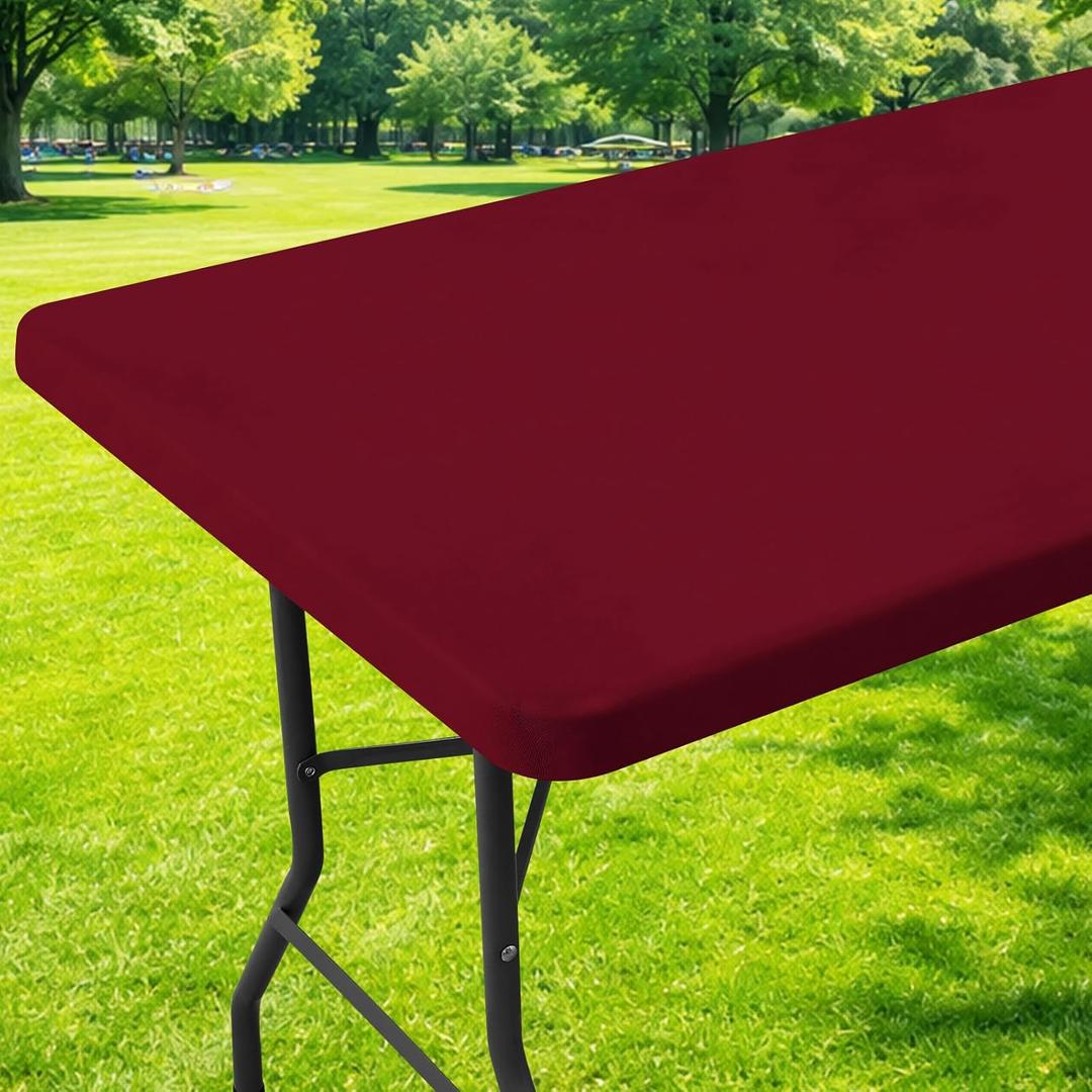 Moosfor Spandex 6 Foot Rectangle Table Cloth, Elastic Fitted Tablecloths for Picnic, Stretch Washable Patio Table Cover for Outdoor, Camping, Banquet and Parties (Wine Red, 30"x72")