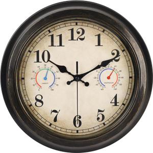 12 Inch Outdoor Clock with Thermometer and Hygrometer Combo, Waterproof Indoor Outdoor Wall Clocks for Patio, Pool,Garden Decor- Retro Bronze