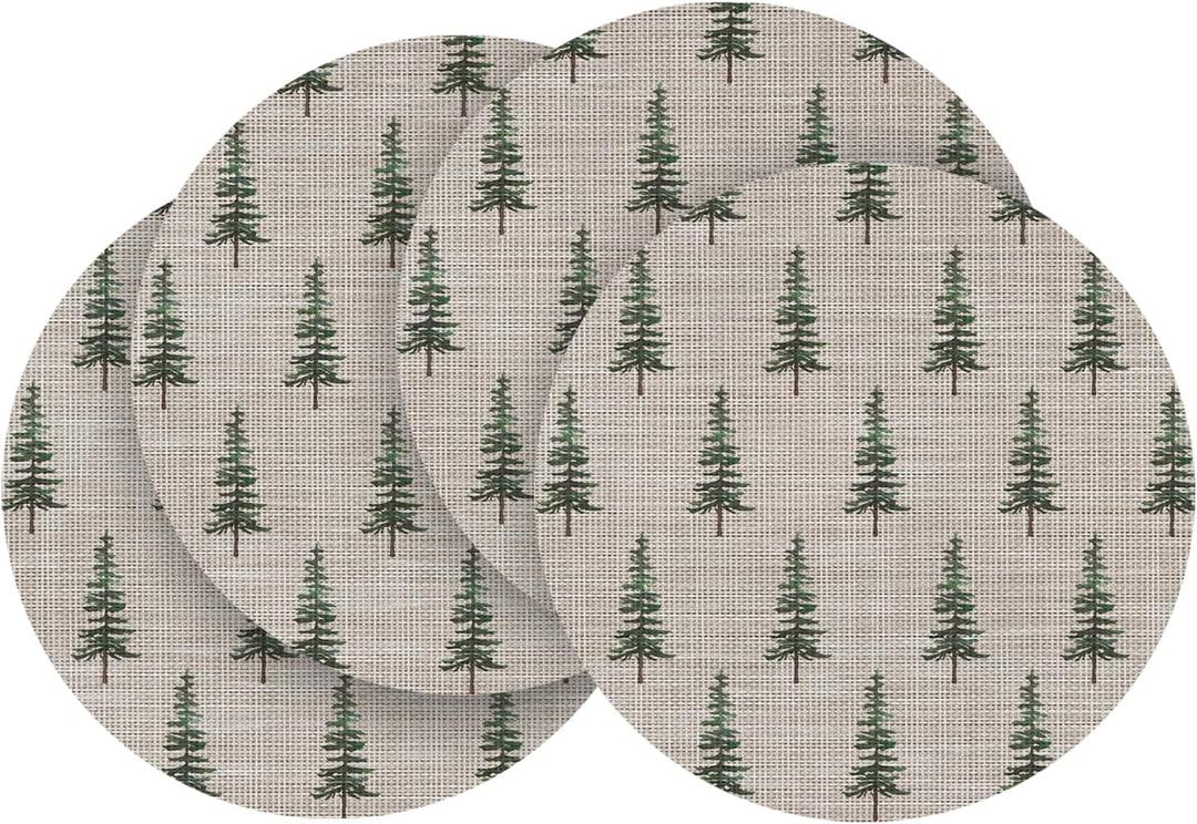Artoid Mode Christams Green Tree Vinyl Round Placemats Set of 4, 14 Inch Washable Non-Slip Heat Resistant Woven Plastic Table Mats for Party Dining Table
