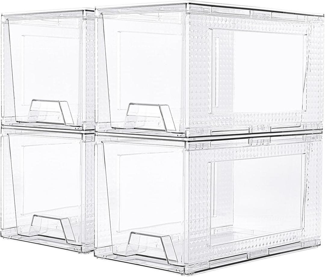 JollyPack 4 Pack Clear Stackable Storage Drawers, Easy to Assemble Multi-Use Bathroom Organizers and Storage, Suitable for Vanity, Bathroom, Makeup, Under Sink, Office, Kitchen and Pantry