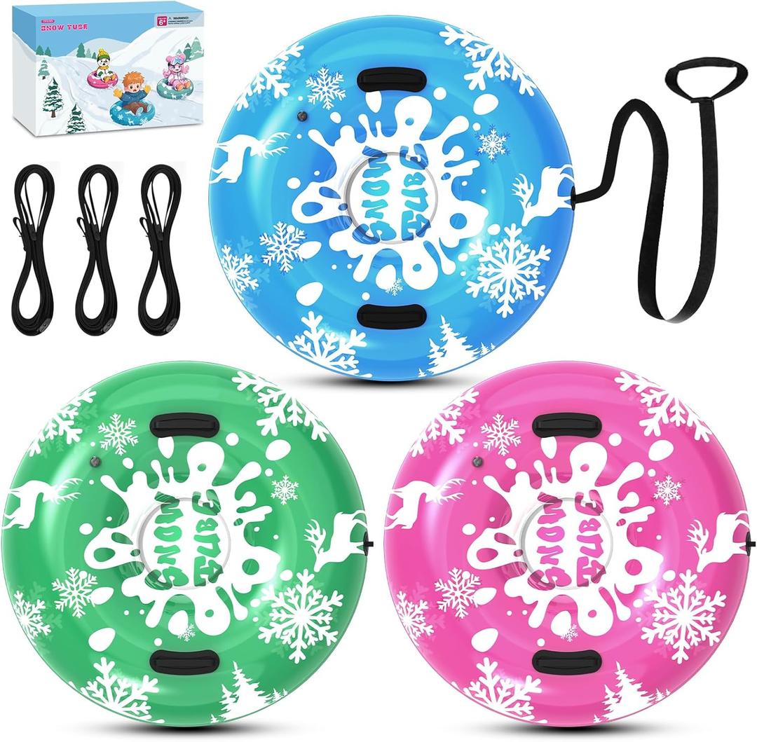 Snow Tube for Teen Outdoor Sledding, 36" Set of 3 Inflatable Heavy-Duty Snow Sled Thickened PVC Snow Toys with Handles Tow Rope Snow Tube Toys, Fun Winter Toys Outdoor Blow Up Sleds for Family