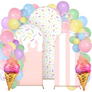 Foilswirl 34 Pcs Sweet One Birthday Decorations Pastel Donut Ice Cream Balloon Arch Backdrop Covers Pastel Spandex Arch Backdrop Cover with Ice Cream Foil Donut Balloons for Sweet Birthday Party