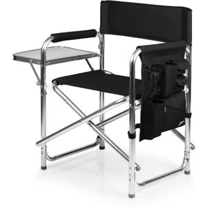 PICNIC TIME Sports Chair with Side Table, Outdoor Foldable Padded Adult Camping Chairs with Cup and Accessory Panel for Lawn, Beach, & Sports Use for Adults, up to 300-lbs Capacity, (Black)