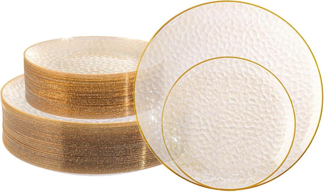 Lullaby 100PCS Clear Plastic Plates with Gold Rim, Includes 50pcs Dinner Plate 10 and 50pcs Dessert Plate 7, Disposable Heavyduty Plates for Birthdays, Parties and Wedding