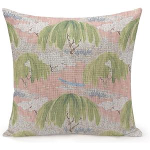 POMOTER Thibaut French Fabric Willow Tree Green Pink Check Throw Pillow Cover,Traditional Checkered Decorative Pillow Cases Cotton Linen Square Cushion Covers for Sofa Couch,18"x18"
