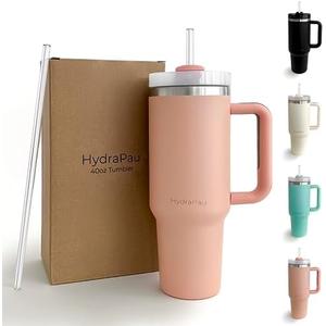 HydraPau Quencher 40oz Tumbler With Handle, Lid, Straw - Double Wall Vacuum Insulation - Silicone Straw Grip - Car Cupholder Compatible - Dishwasher Safe - Recycled Stainless Steel (Peach)