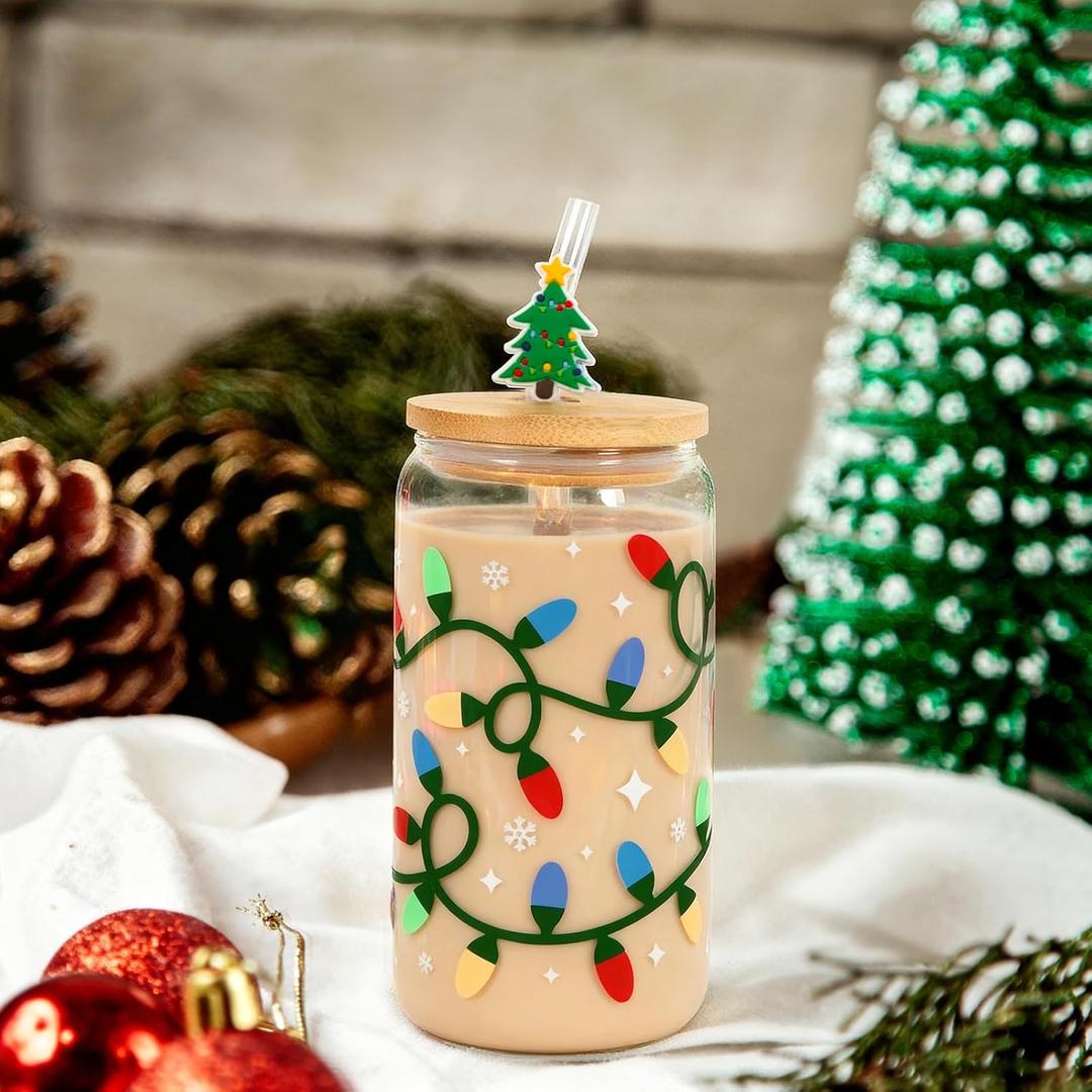 Joyseller Christmas Gifts, 18oz Color Changing Christmas Lights Iced Coffee Can Glass, Xmas Glass Cup with Lid and Straw, Holiday Tumbler