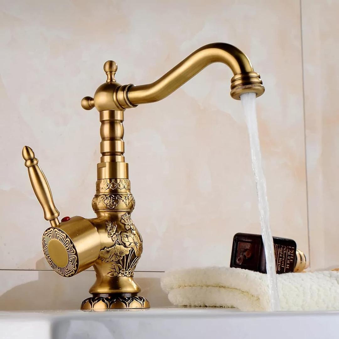 Brass Ceramic Handle Bathroom Sink Mixer Faucet Antique Swivel Bathroom Kitchen Hot and Cold Faucet (Antique BrassC Short)