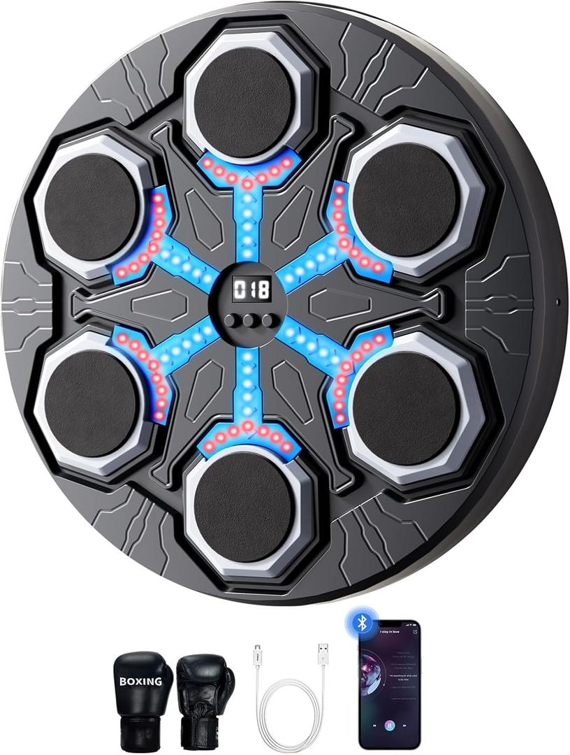 Music Boxing Machine for Kids with Bluetooth & LED Lights - 15-Speed Adjustable Wall-Mounted Punching Pad for Adults Silent Training, No-Drill Installation, Type-C ChargingBlue