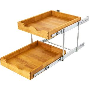DINDON 2 Tier Pull Out Cabinet Organizer (17" W x 21" D) Wood And Metal Double Tier Slide Out Wood Drawer Under Cabinet Storage And Organization